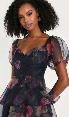 Lulus Black Floral Organza Tiered Ruffle Dress NWT Size S Puff Sleeve Sold Out